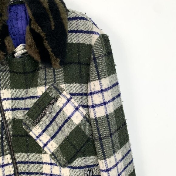 Bottega Veneta Plaid Wool Jacket With Faux Fur Collar Made In Italy Size 50 Gree - Picture 3 of 6